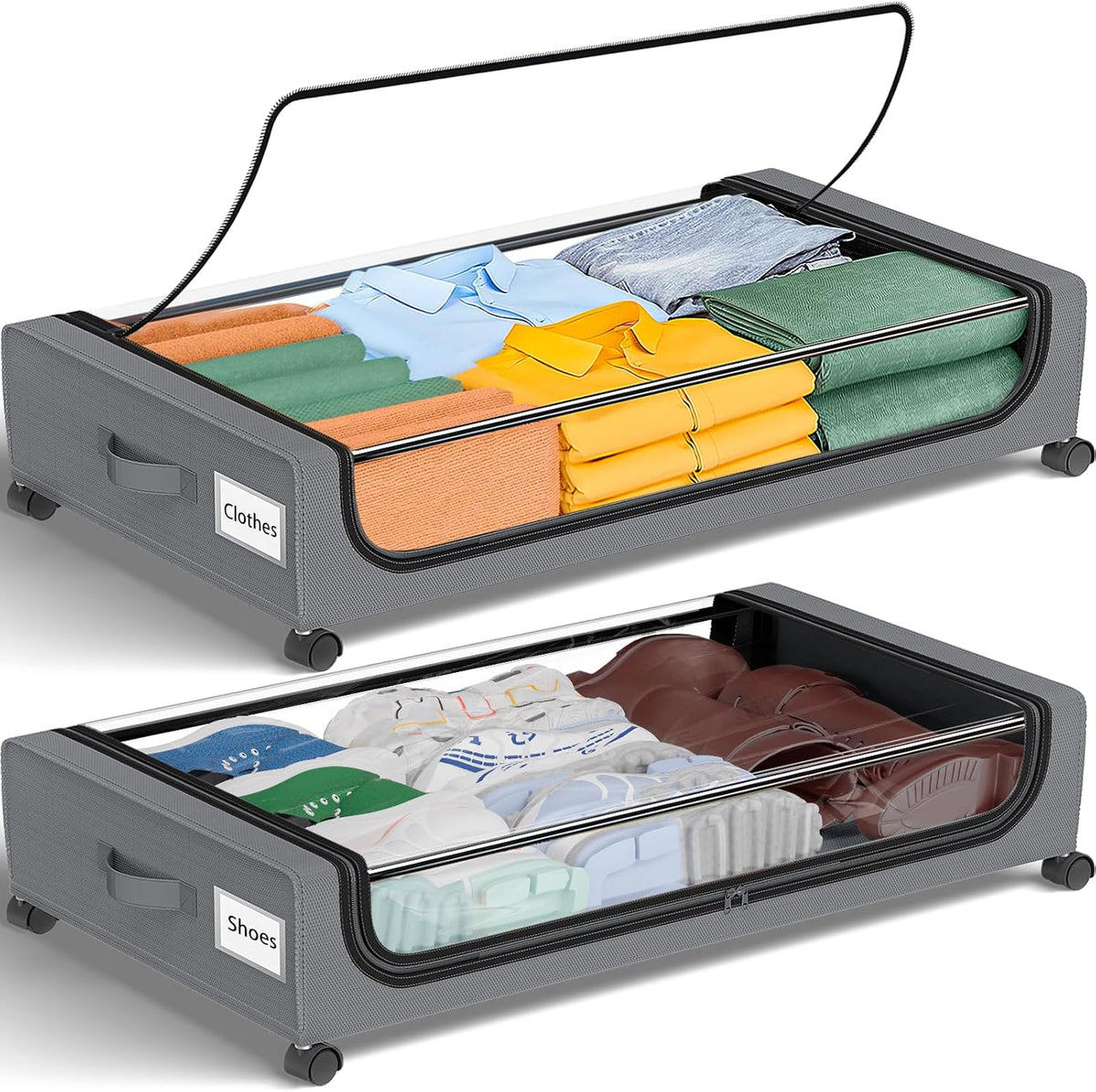 GoMaihe Under Bed Storage with Wheels 48L Grey 2-Pack | Rolling Bins for Shoes Clothes in Dorm Bedroom - Metal Drawers Easy Pull-out - Field & Nook