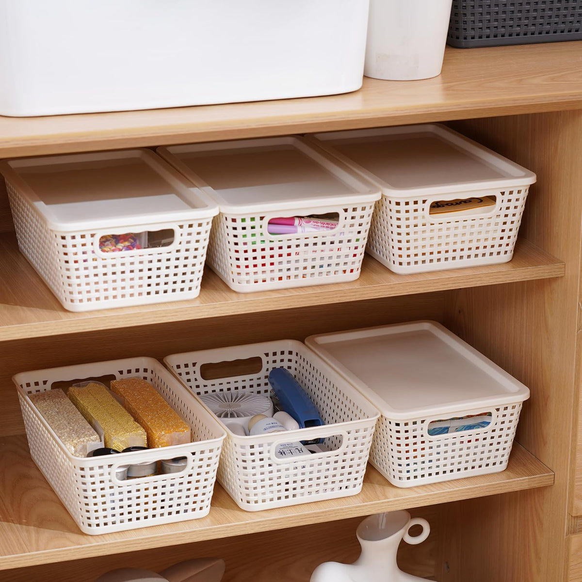 Plastic Storage Baskets With Lid, Storage Bins for Organizing, Stackable Decorative Containers for Shelves Drawers Desktop Closet Playroom Classroom Office, 8 Pack-White - Field & Nook