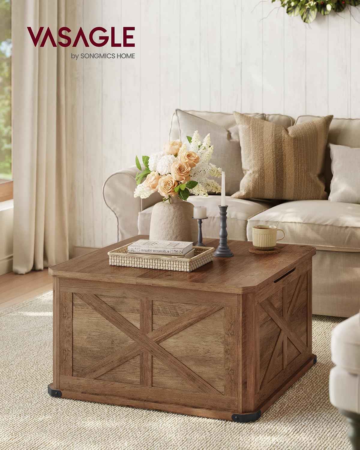 VASAGLE LIRY Farmhouse Coffee Table with Storage, Honey Brown