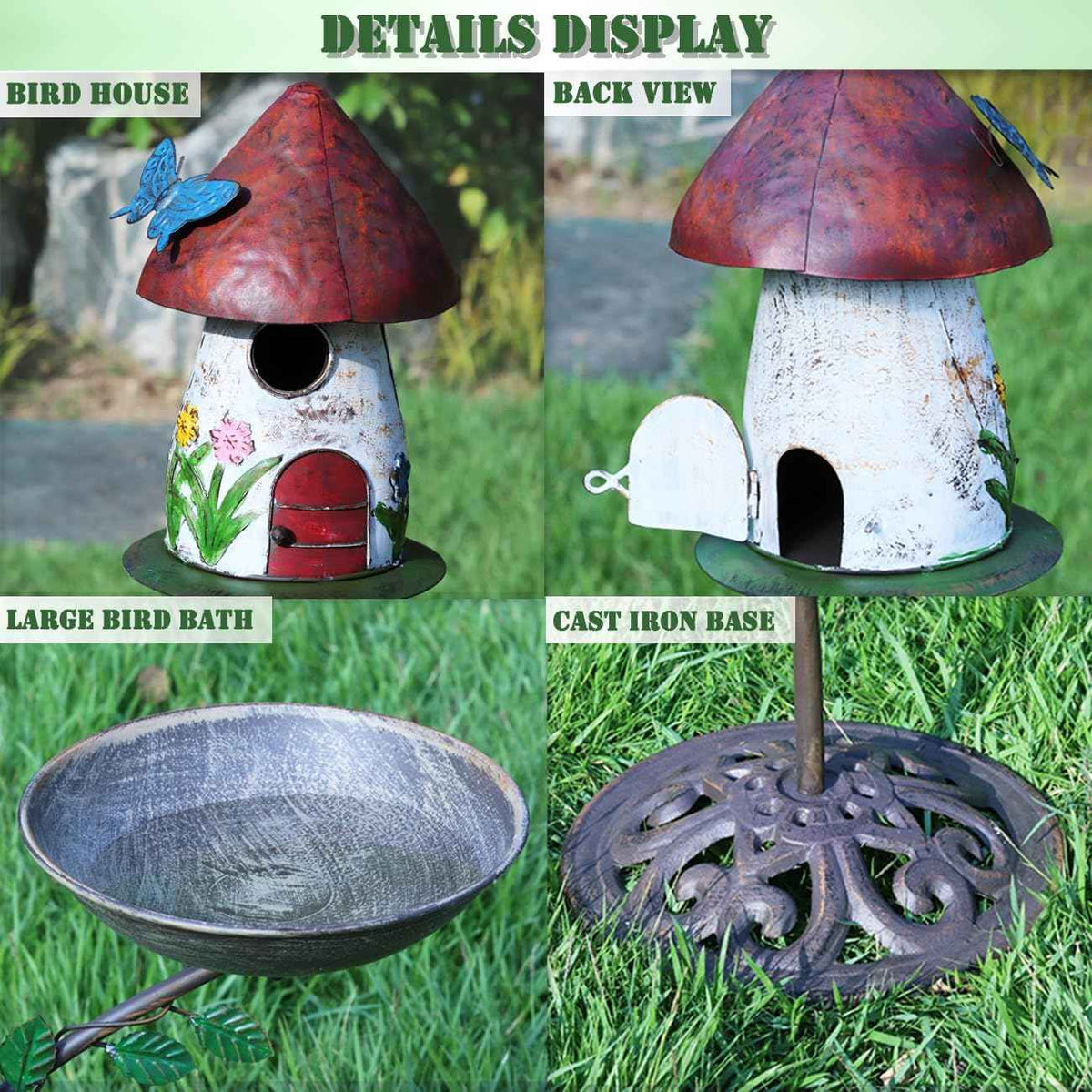 Metal Bird Houses for Outside with Pole, Multi-Bird Baths for Outdoors | Metal Bird House with Bird Feeder and Bird Bath,Outdoor Garden Lawn Decor,Cast Iron Base