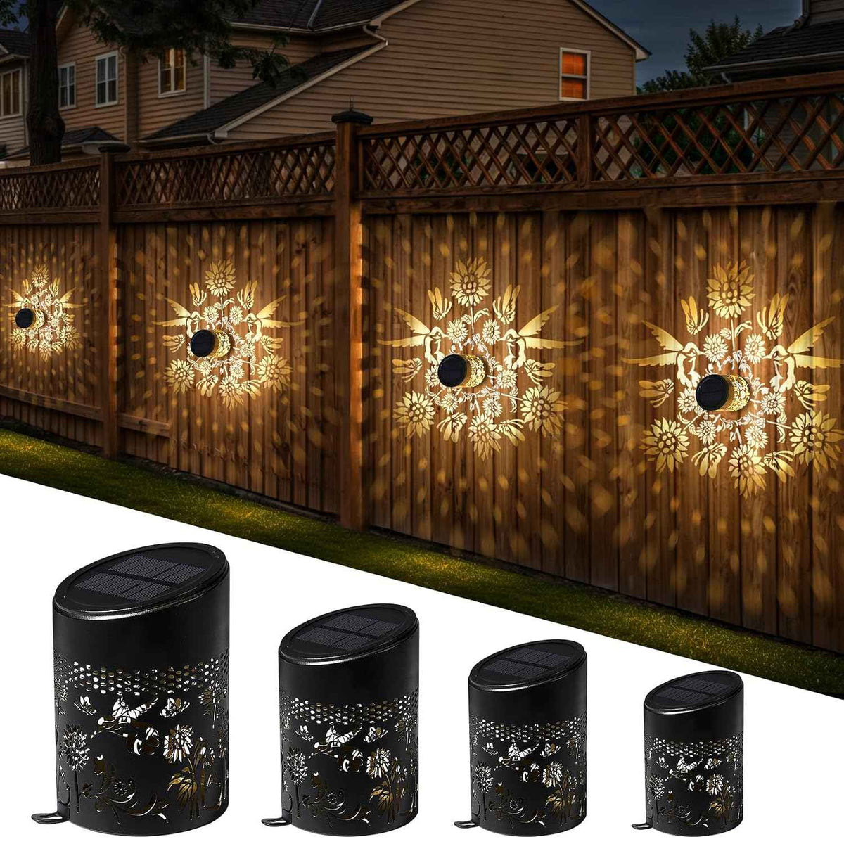 Solar Mandala Fence Lights Outdoor Decoration 4 Pack, Solar Wall Step Deck Lights Outdoor Garden Decor with Hummingbird Sunflower Theme for Yard Art Porch Patio Backyard Garden Decor