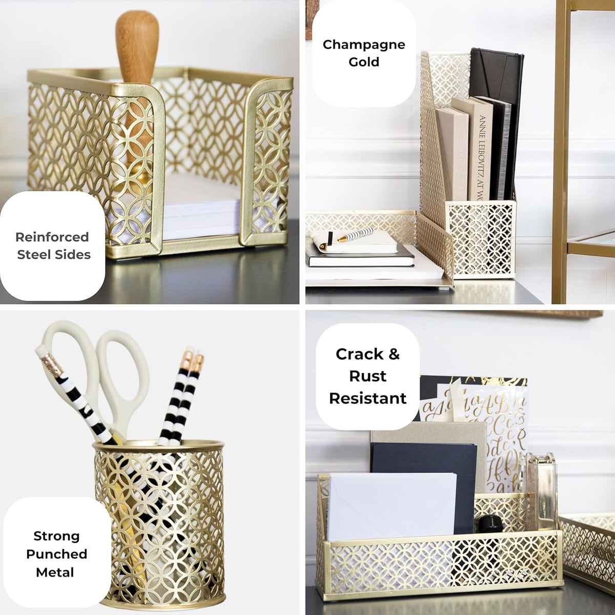 BLU MONACO | Gold Desk Organizer Set with Mail Sorter, Sticky Note Holder, Pen Cup, Magazine Holder, Letter Tray & Business Card Holder | Stylish Desk Accessories for Women & Home Office Décor - Field & Nook