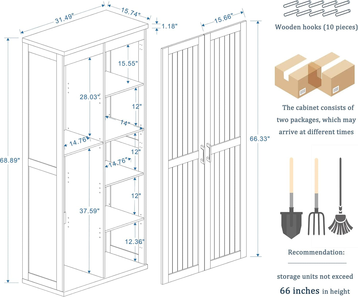 68.9-Inch Wooden Broom Closet Storage Cabinet with Doors - Field & Nook