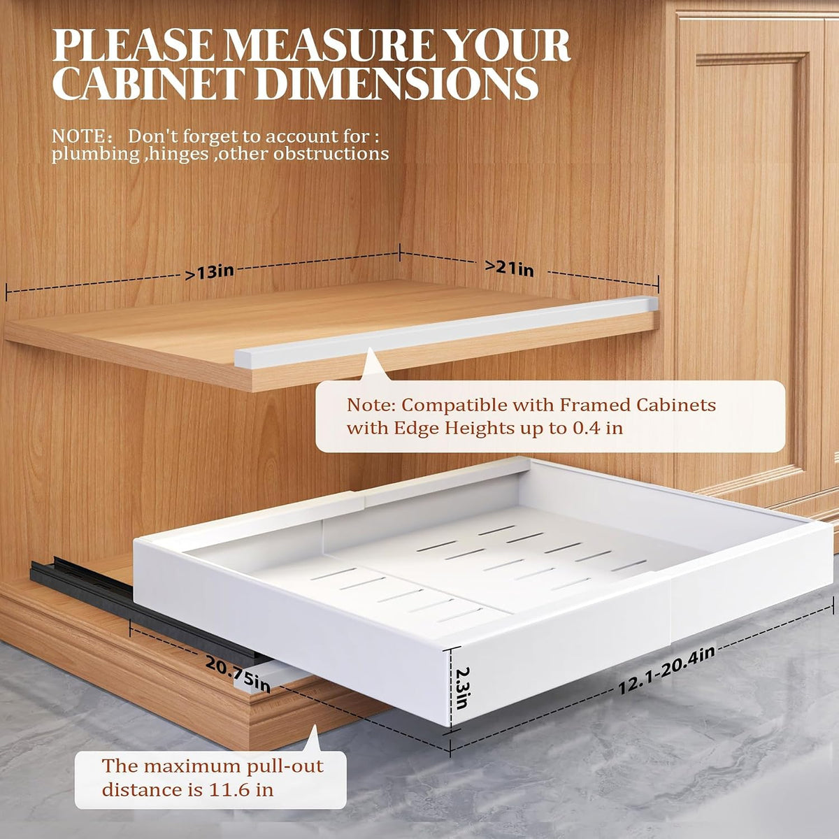 Seinloes 4 Pack Expandable Pull Out Cabinet Organizer 21"Deep With Raising Pad for Framed Cabinets,Upgrade 3 Slide Rails Slide Out Drawers,No Drill Roll Out Shelves,Adjustable Width 12.1"-20.4" White - Field & Nook