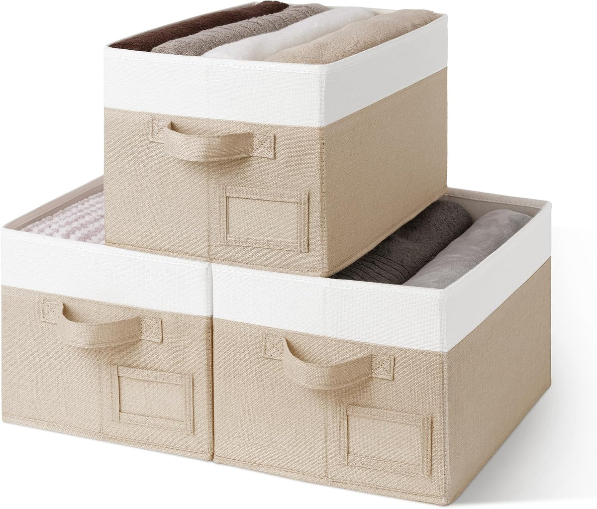 GRANNY SAYS Closet Storage Bins with Label, Khaki&Ivory, Medium, 3-Pack | Closet Storage Bins, Storage Baskets for Closet, Fabric Bins for Clothes, Closet Organizer Bins, Clothes Storage Organizer - Field & Nook