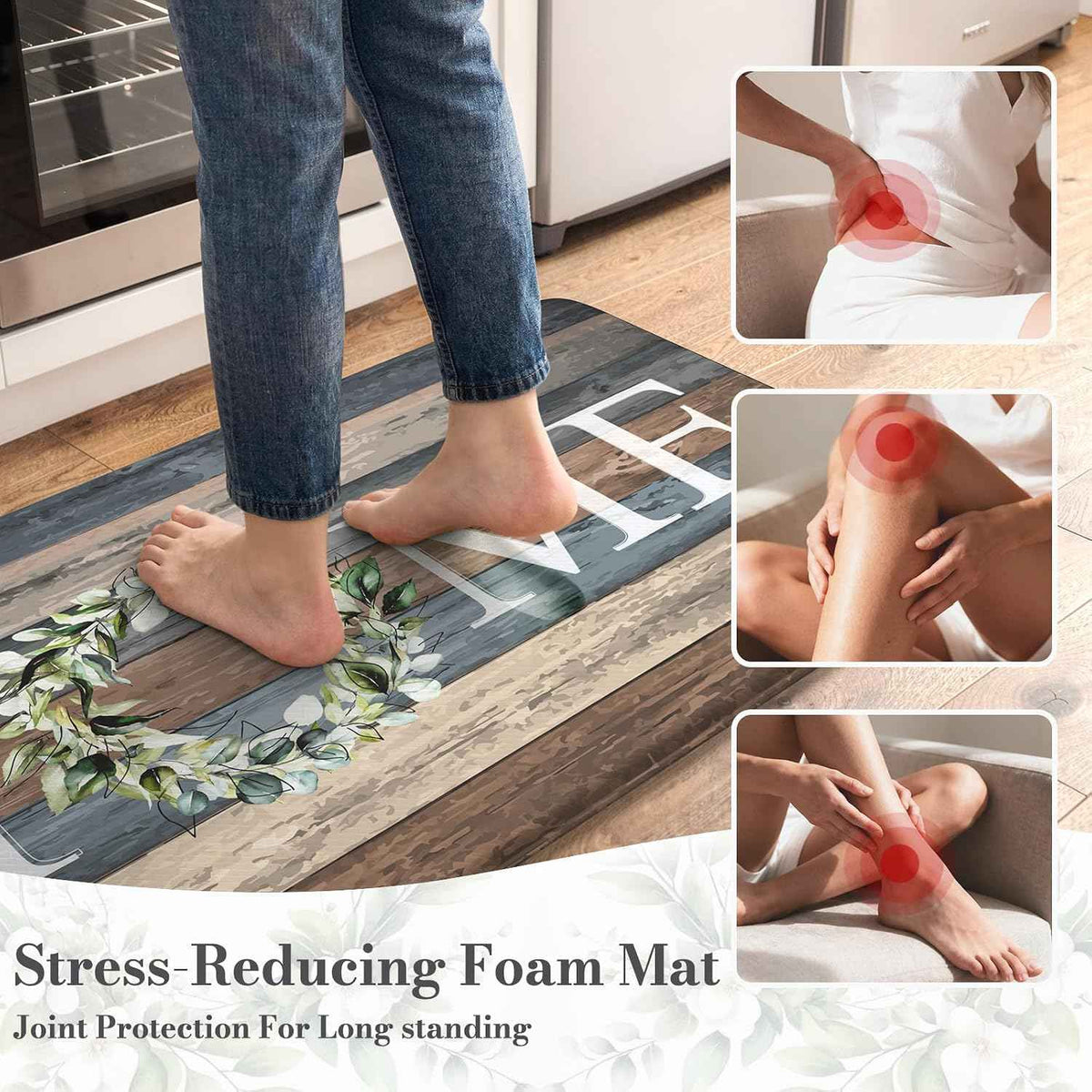 KIMODE Kitchen Mats 2PCS Cushioned Anti Fatigue Kitchen Mats for Floor | 17.3"x 47"+17.3"x 29",Farmhouse, Blue,Non Slip Waterproof Sink Rug Set 2 Comfort Standing Desk Mat for Office Laundry Home
