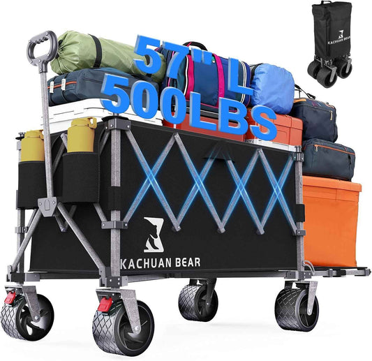 57" L Large Collapsible Foldable Wagon with Tailgate & Brake, 500LBS Heavy Duty Beach Wagons with All-Terrain Big Wheels, 300L Folding Utility Cart for Sand Garden Shopping Groceries Sports (Black)