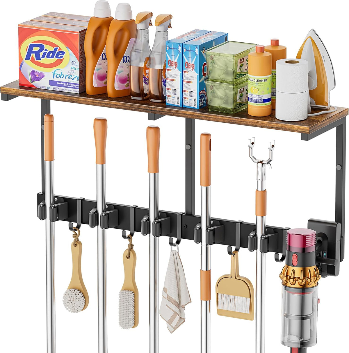 Broom Holder Wall Mount with Cleaning Supplies Organizer - Field & Nook