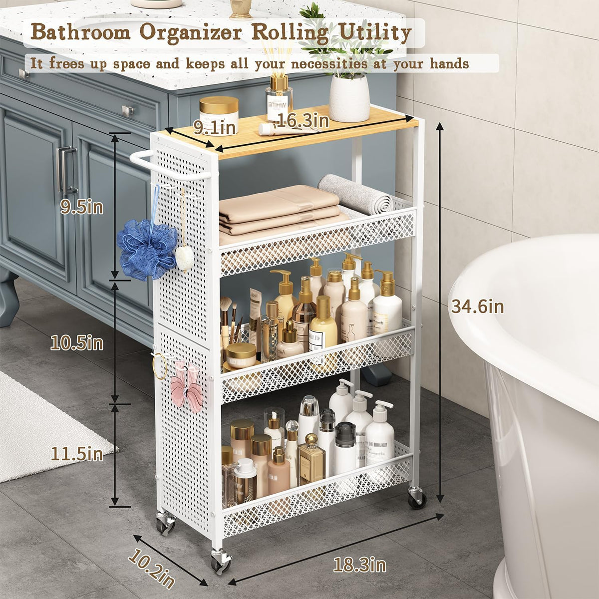 Slim Wood-Top Rolling Laundry Storage Cart - Field & Nook