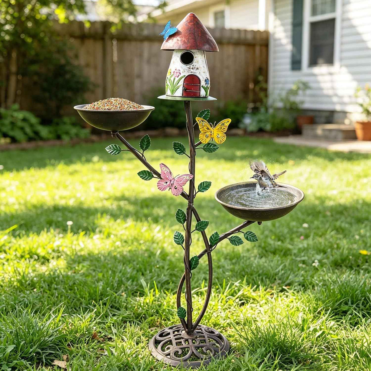 Metal Bird Houses for Outside with Pole, Multi-Bird Baths for Outdoors | Metal Bird House with Bird Feeder and Bird Bath,Outdoor Garden Lawn Decor,Cast Iron Base