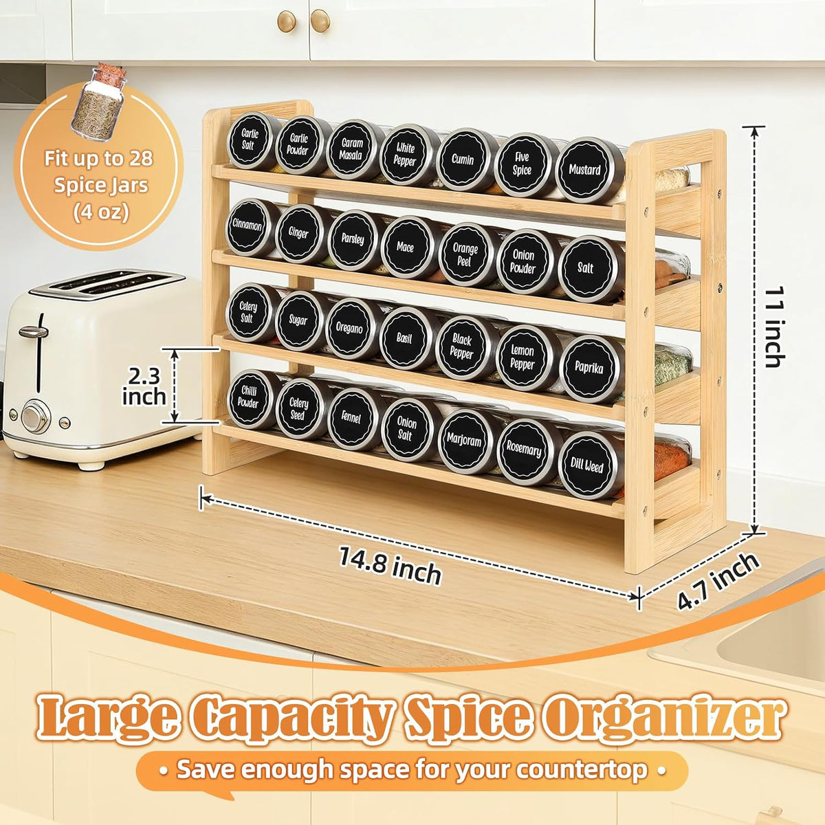 4-Tier Spice Rack Seasoning Organizer for Cabinet Pantry Countertop | Save Vertical Space, Bamboo Material with Aesthetic Design, Easy to Pick and Quick to Assemble - Field & Nook