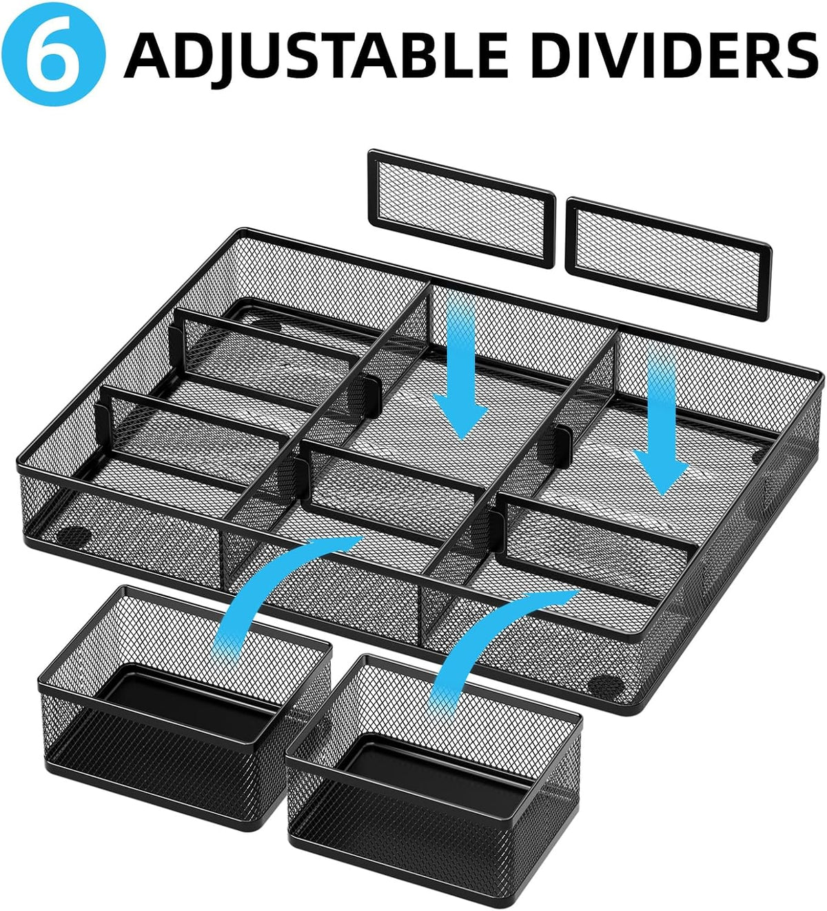 Marbrasse 3 Packs Desk Drawer Organizers, Metal Mesh Dividers Desk Drawer Organizer Tray with 9 Adjustable Compartments, Pen Organizer for Drawer Tray Box Accessories for Desktop,Kitchen, Makeup | Anti-Slip Storage Tray, 9 Adjustable Compartments, Pen ... - Field & Nook