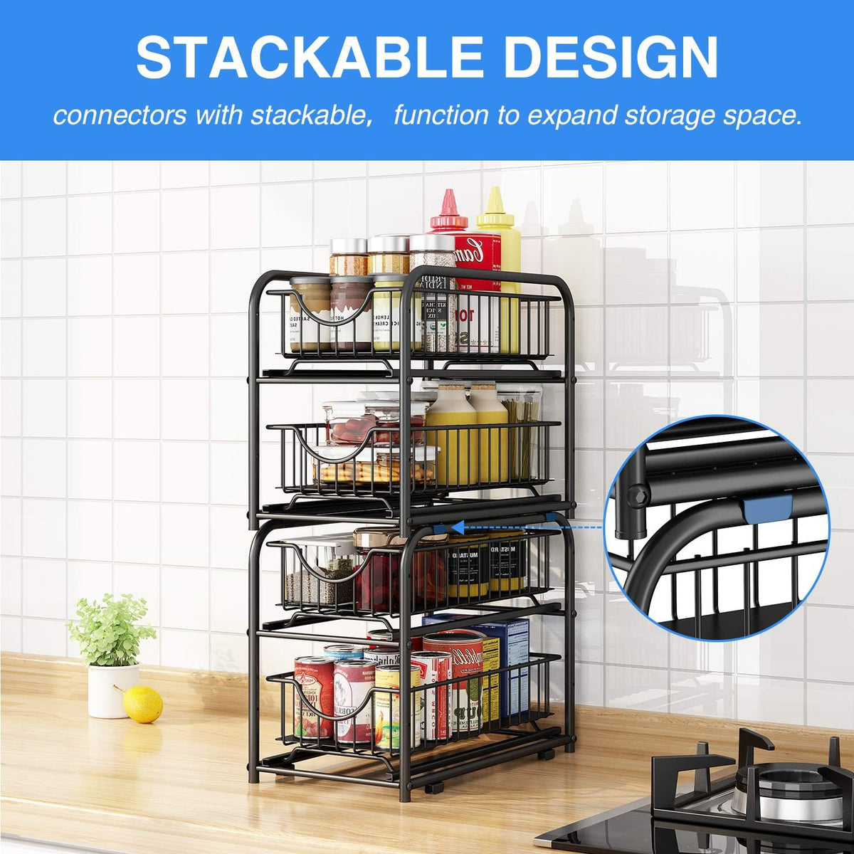 2-Tier Pull Out Organizer Under Sink Sliding Cabinet Rack,Black | Stackable Sliding Storage Drawer organizer with adjustable height and anti slip pad. Kitchen,Office or Cabinet Storage - Field & Nook