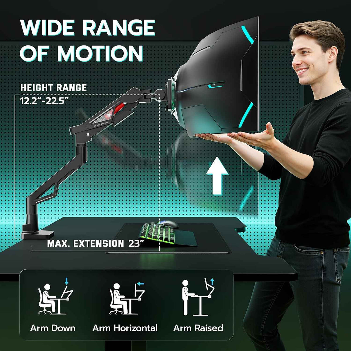 ARES WING Ultrawide Gas Spring Monitor Arm 57"66Lbs VESA Clamp Grommet Base | Height Adjustable & Extendable, Ultrawide Screen Support, Standard VESA Fit, Clamp & Grommet Base, Ideal for Desktop Setup