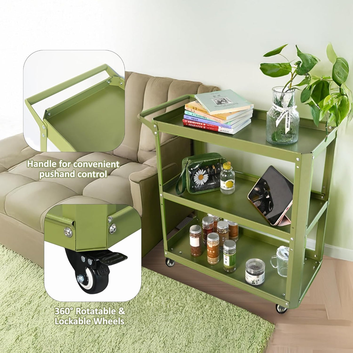 3 Tier Metal Utility Rolling Cart with Wheels, Green | Heavy Duty Storage Organizer, 330Lbs Capacity, Multi-Purpose, For Kitchen, Bathroom, Office, Bedroom - Field & Nook