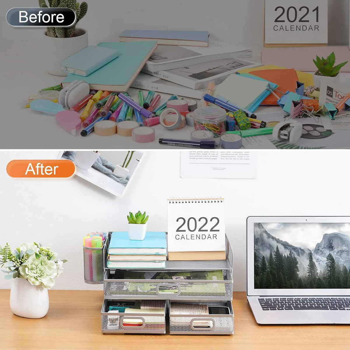 Marbrasse 3 Tier Mesh Desk Organizer with Drawer, Multi-Functional Desk Organizers and Accessories, Paper Letter Organizer with 2 Pen Holder for Home Office Supplies (Silver)