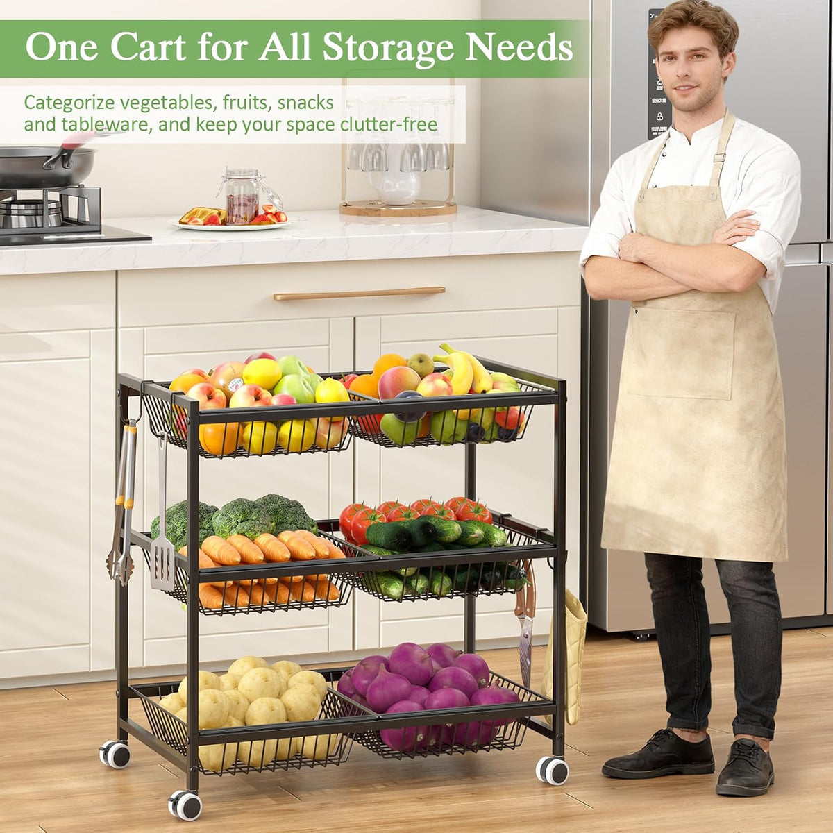 3-Tier Rolling Pantry Floor Organizer Cart with 6 Detachable Baskets, Metal Wire Fruit Basket Stand with Wheels, Kitchen Storage Cart for Fruit Vegetables, Snack Cart for Pantry Kitchen Living Room