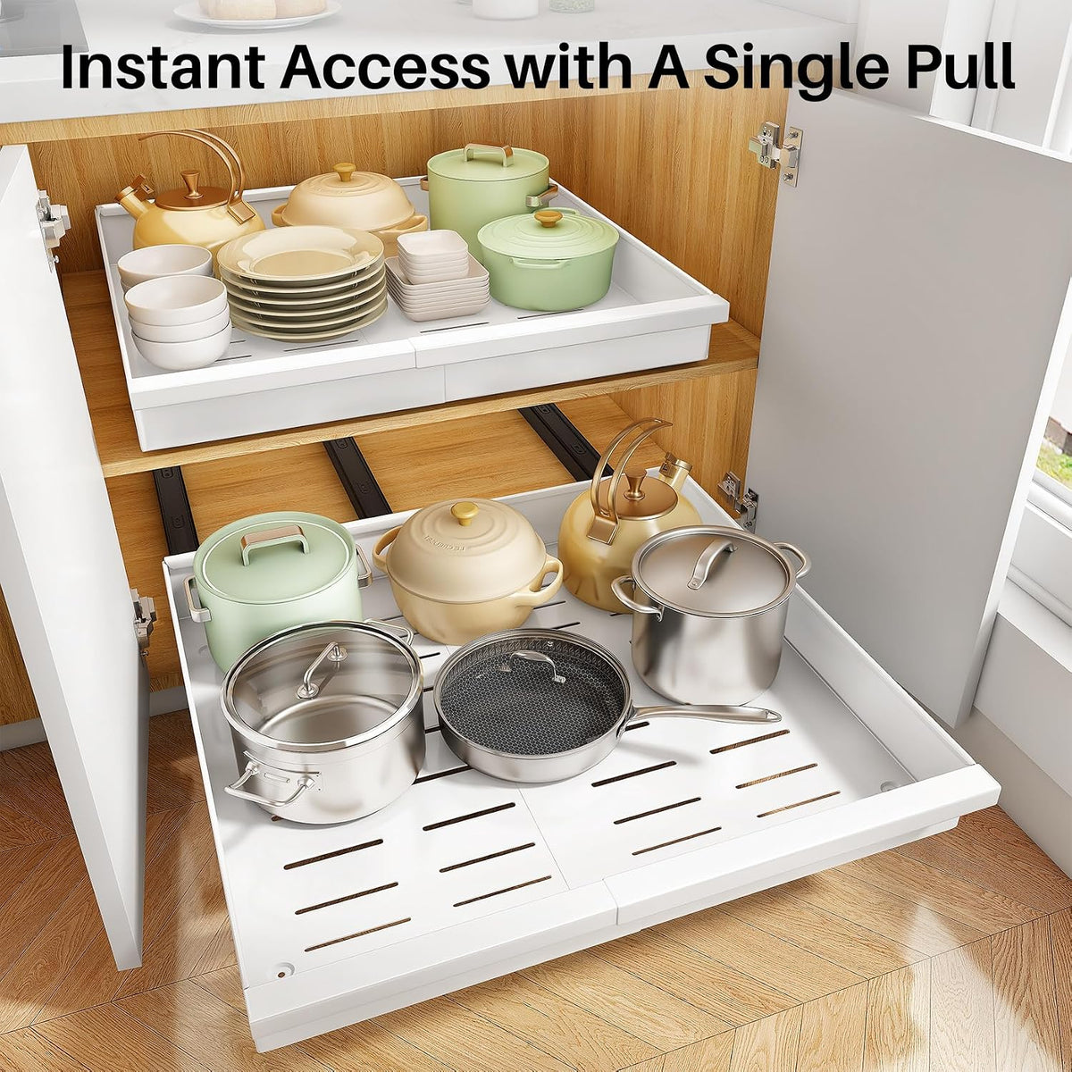 Pull out Cabinet Organizer, 1-Pack Expandable(13.6"-24") Silde out Drawers with Raising Pad for Framed Cabinets, Adjustable Full-Extension Adhesive Roll out Shelves for Kitchen Pantry Home Pot and Pan - Field & Nook
