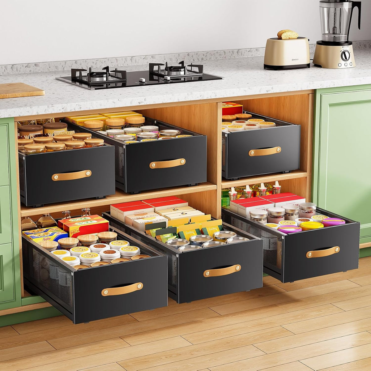 Pull out Cabinet Organizer, 2-Pack Expandable Depth(15.7"-21.7") with Raising Pad for Framed Cabinets, Heavy Duty Slide out Drawers,Roll Out Shelves for Kitchen, Pantry Organizers and Storage(Black) - Field & Nook