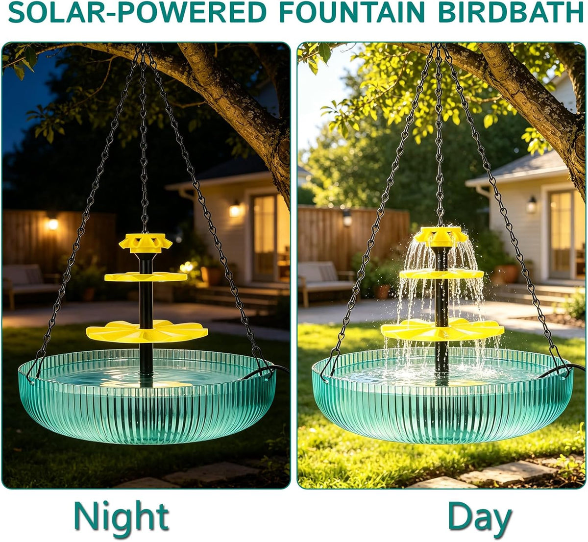 3-Tier Solar Powered Hanging Bird Bath Fountain Cascading Water Feeder for Hummingbirds Wild Birds[16.4FT/Extra Long Cord] for Outdoor,Garden, Patio, Backyard Decor