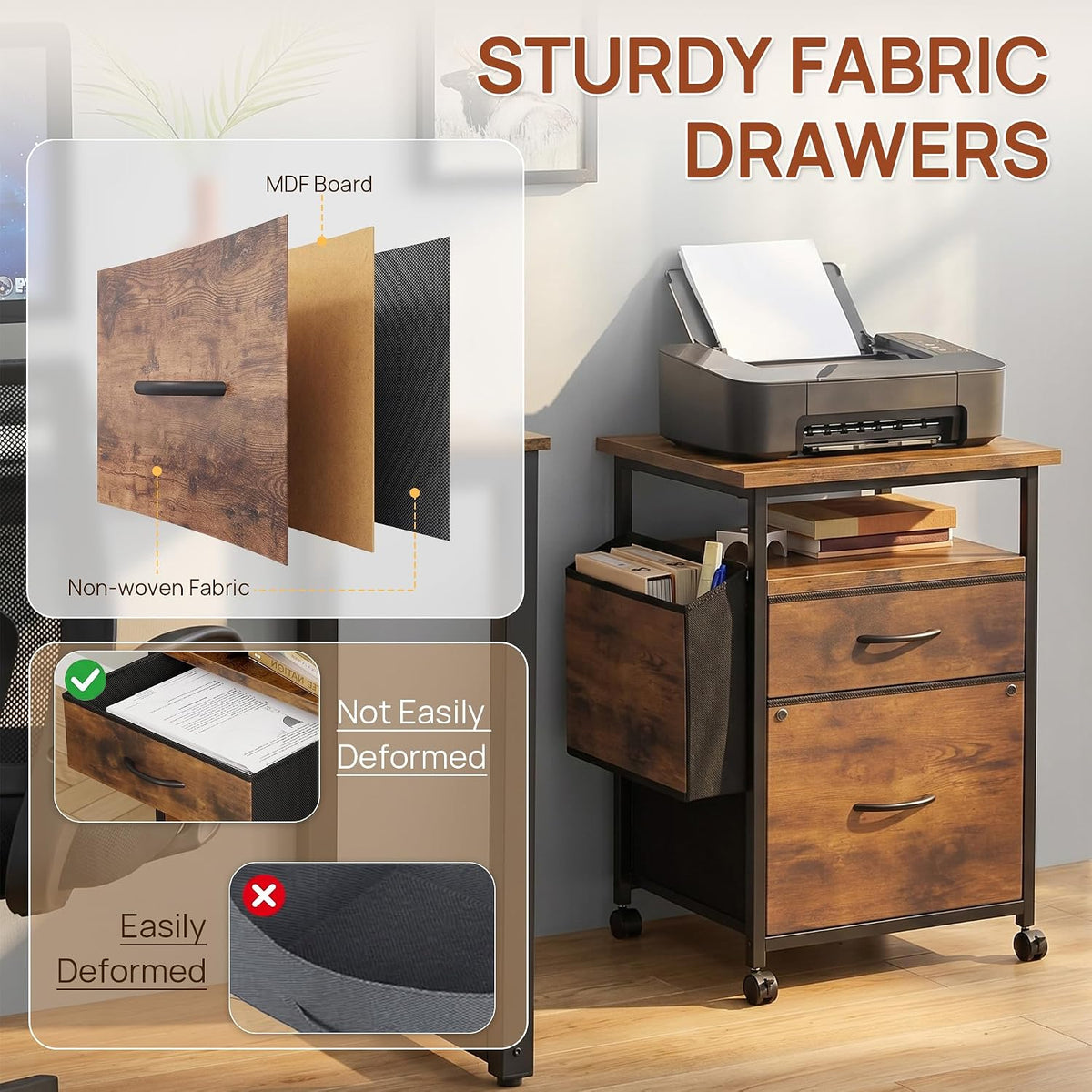 Alpen File Cabinets for Home Office, Small Printer Stand with Storage, Rolling Filing Cabinet with 2 Drawer and Side Storage Bag, Rustic Brown - Field & Nook