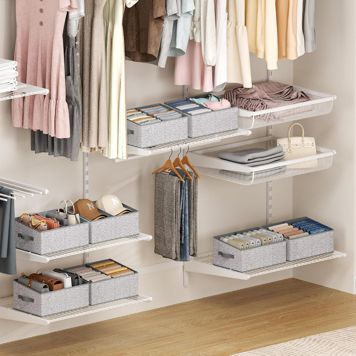 DIMJ Large Closet Shelf Organizer Bins 6 Packs with Handles and Divider, Fabric Trapezoid Storage Baskets, Foldable Clothes Containers Box for Shelf, Towel, Book, Toy, Purse, Hats, Grey - Field & Nook