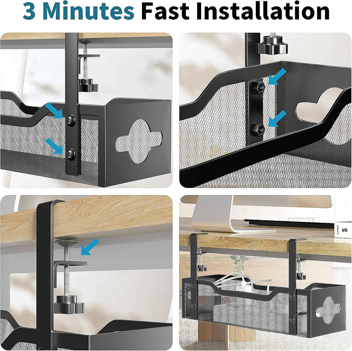 Clamp-On Metal Mesh Cable Tray – No-Drill Under-Desk Cord Organizer with Routing Holes, Black