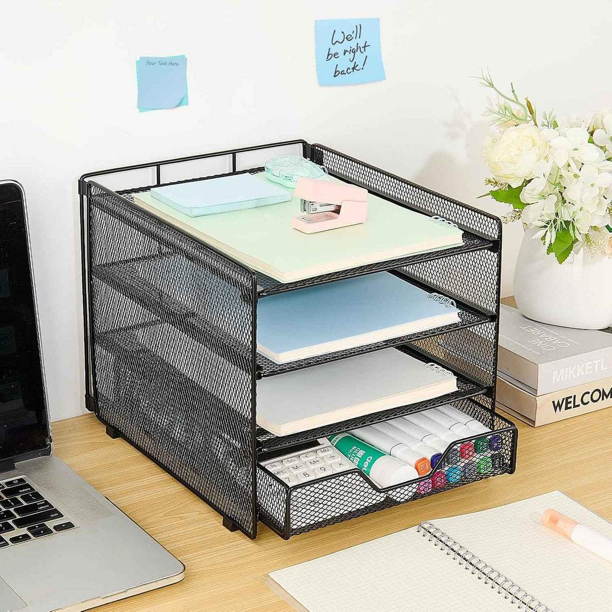 Desk Organizer, 4-Tier Desktop File Organizer with Drawer, Office Desk Accessories, File Sorters, Workspace Organizers for Office Supplies(Black Upgraded)