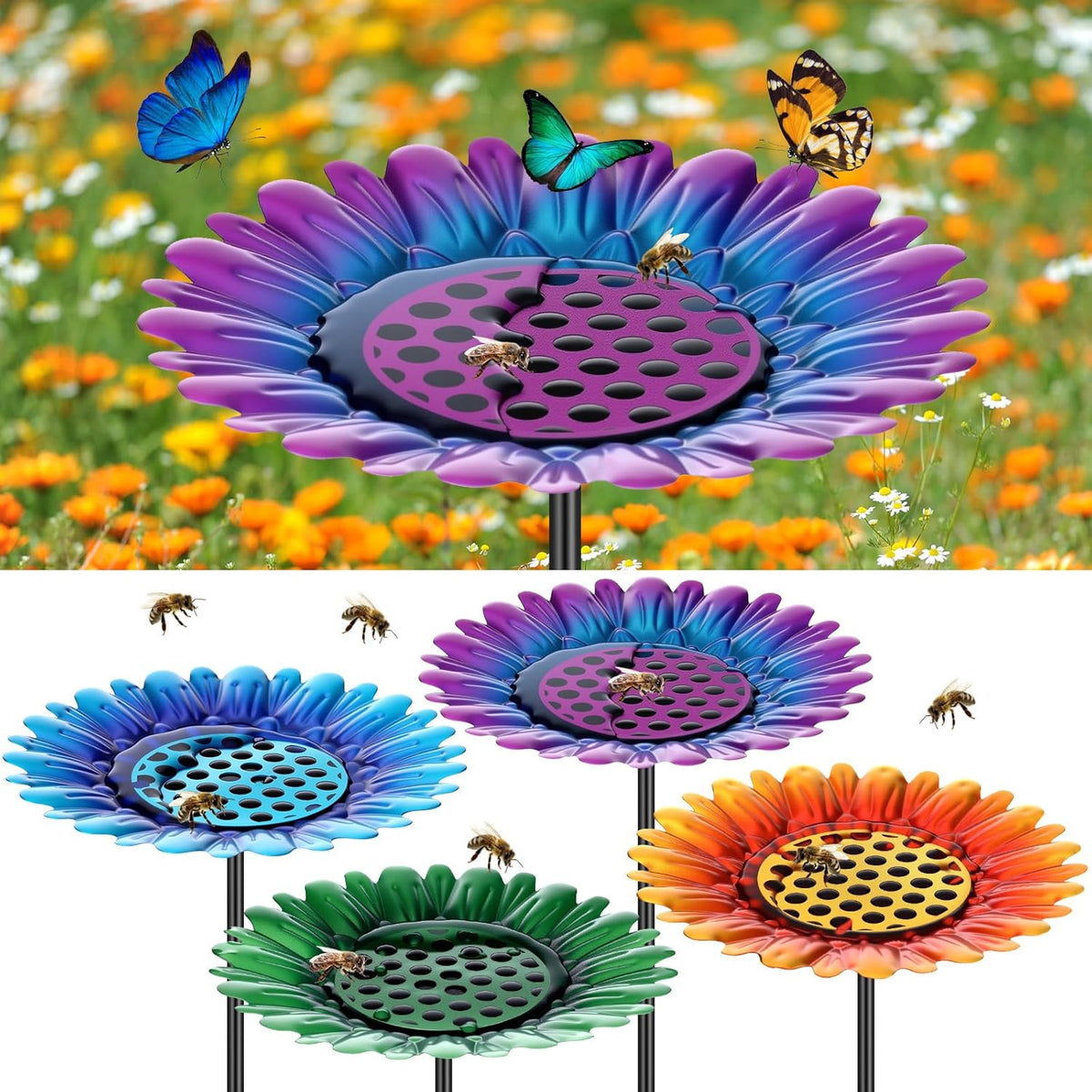 4 Pack Large Bee Watering Station 8.8'' for Bee Garden Anti Drowning Metal Pollinator Water Feeder Flower Butterfly Bath Bowl Colorful Bird Gardening Decoration, Rust Proof