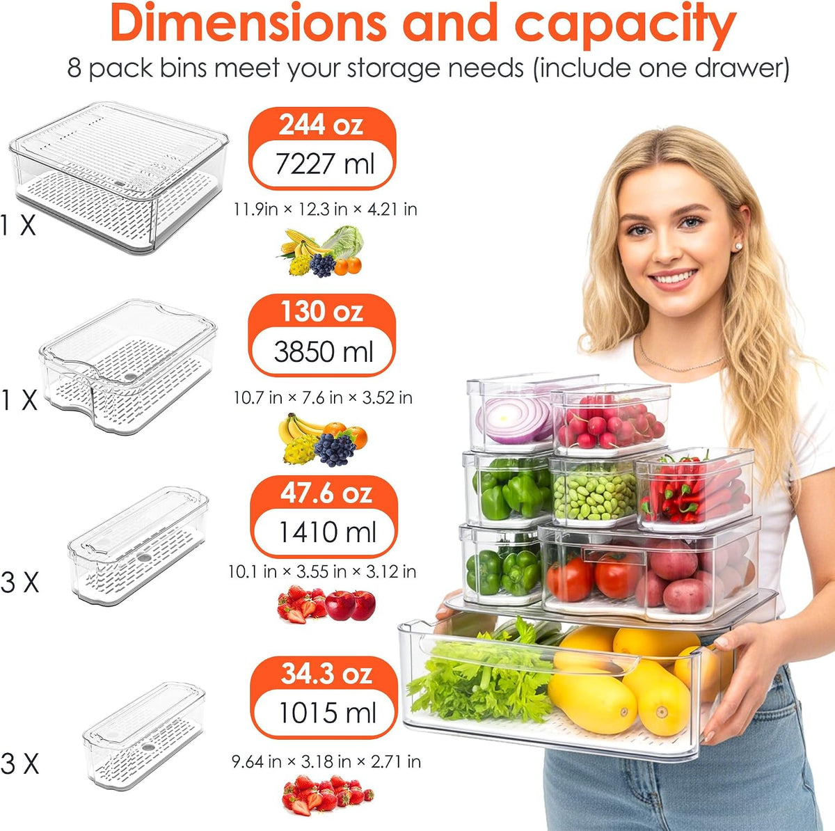 SMRCAD Fridge Organizers and Storage, 8 Pack Clear Freezer Organizer Bins with Lids for Kitchen, Pantry, Refrigerator, Food, Fruit, Vegetable Storage (8 Bins (Include Pull Out Drawer)) - Field & Nook