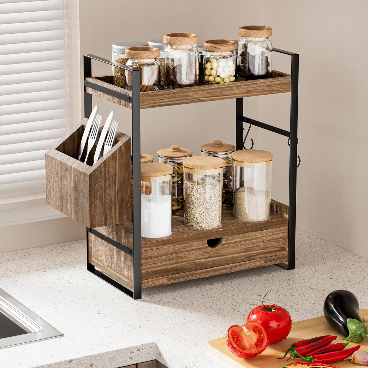 Two-Tier Bathroom Counter Organizer – Wood Shelf with Drawer & Basket