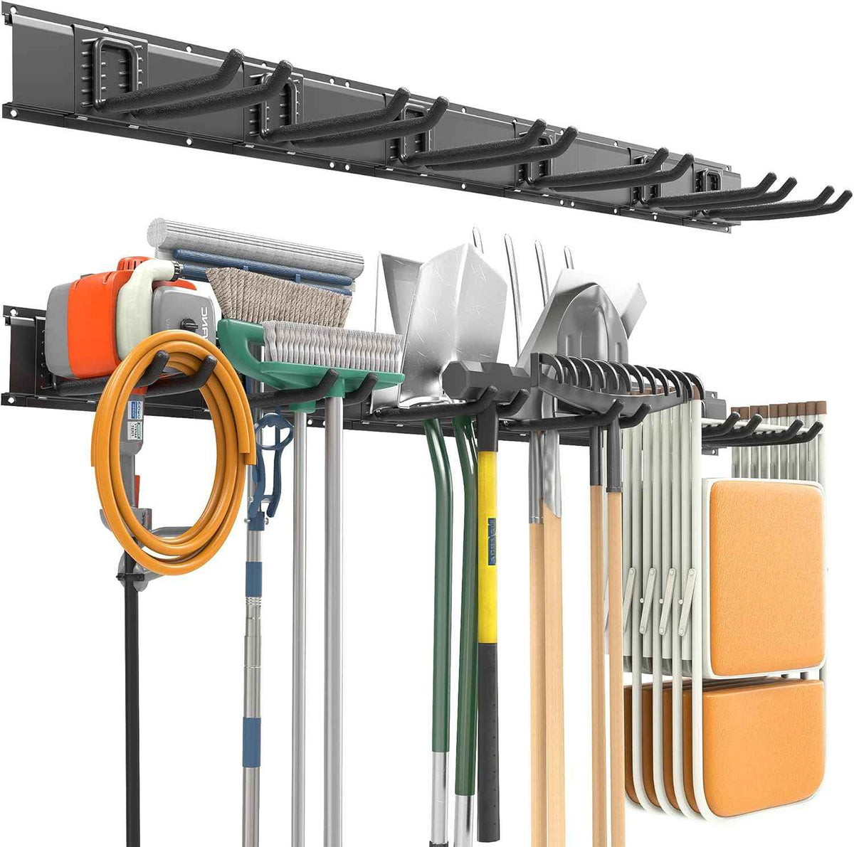 EVERHANGER Garage Tool Storage Organizer, Wall Mount Garden Tool Rack Organization, Heavy Duty Folding Chair Hangers with 6 Adjustable Hooks, Max Load 450lb, 48inch