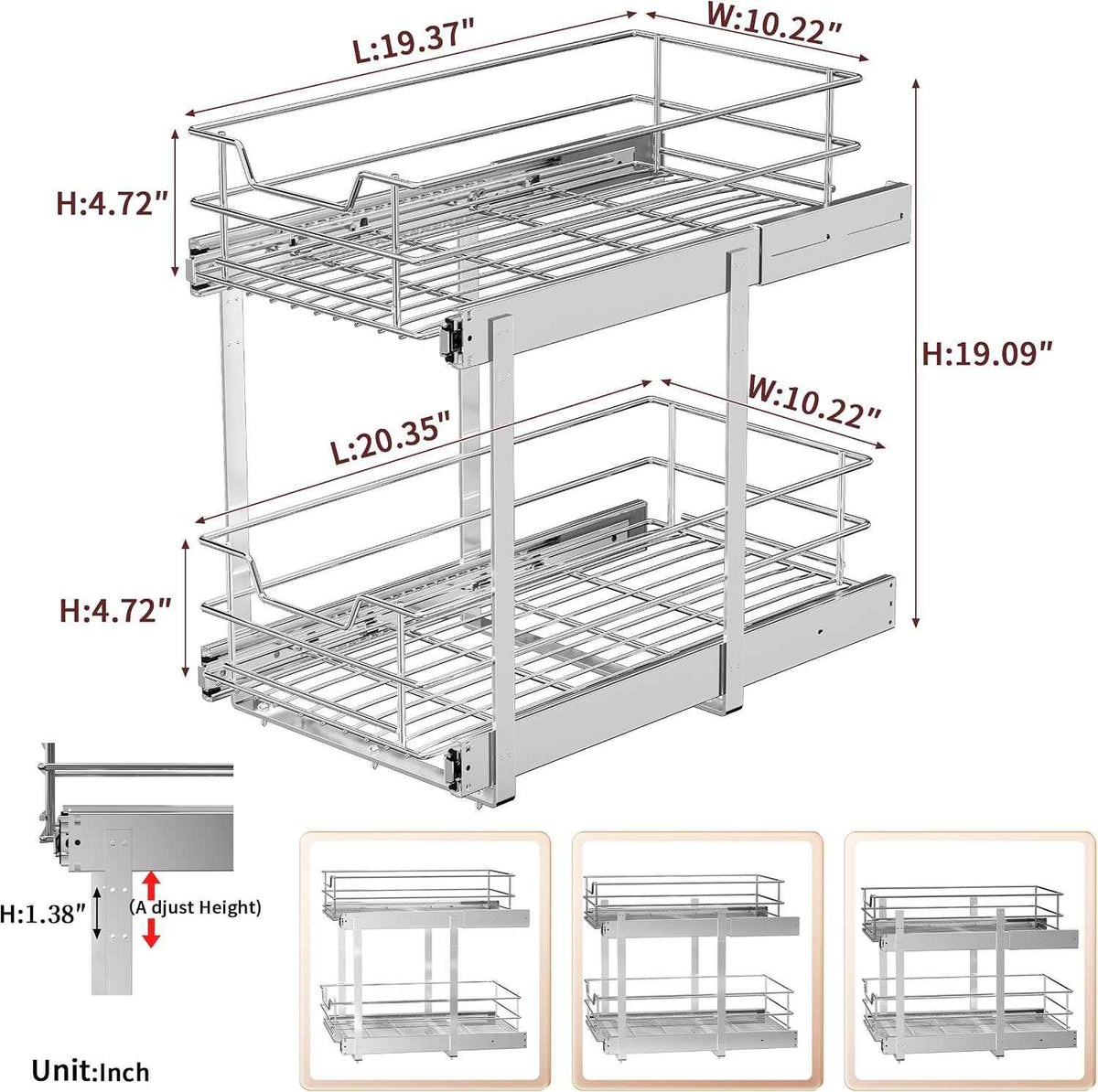 EZKAZA 2-Tier Pull-Out Cabinet Organizer, 11.5" W x 21" D