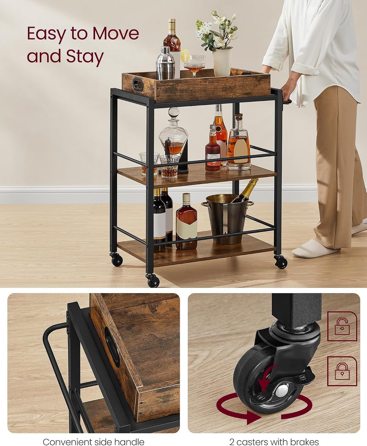VASAGLE Kitchen Serving Cart with Removable Tray, 3-Tier Kitchen Utility Cart on Wheels with Storage, with Brakes, Leveling Feet, 15.7 x 28.3 x 33.9 Inches, Rustic Brown and Black ULRC72X