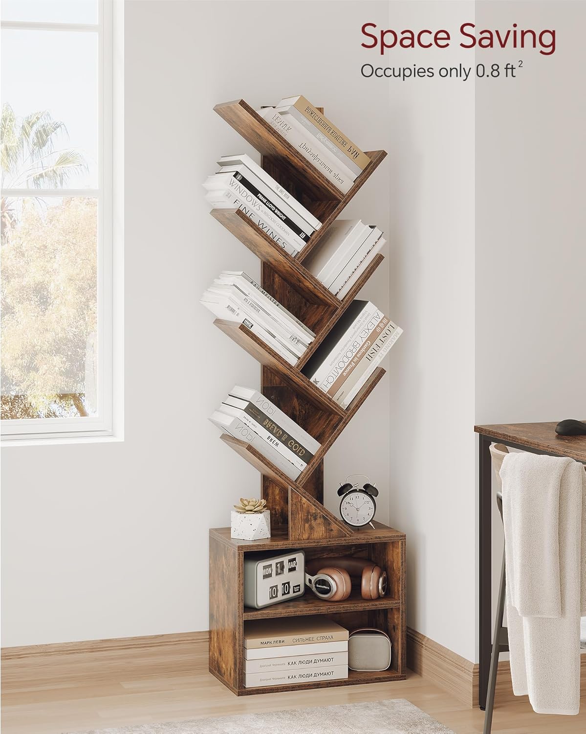 Six-Tier Tree Bookshelf – Narrow Corner Display with Cabinet