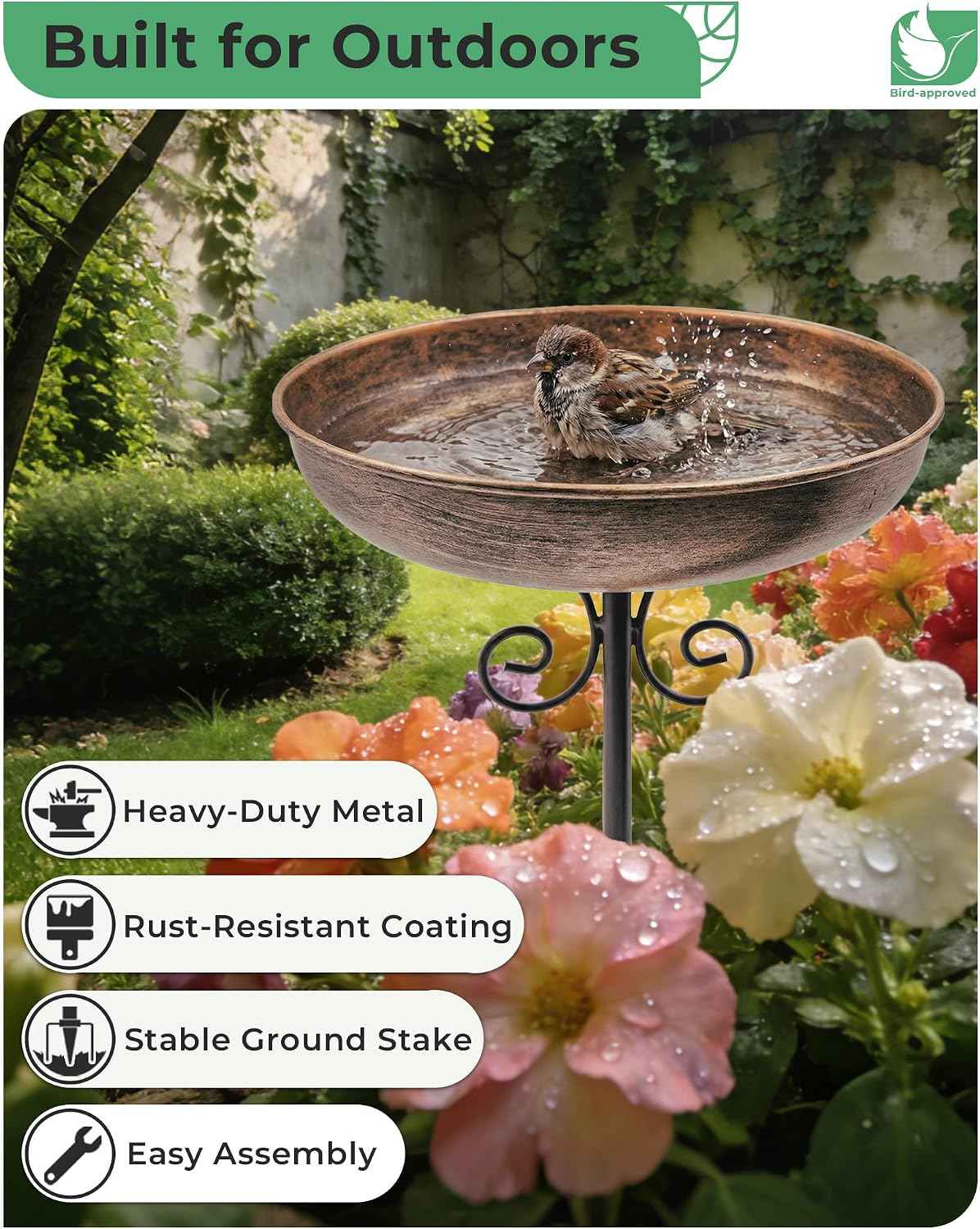 10" Small Metal Bird Bath with Stake, Outdoor Birdbath for Garden | 5-Prong Stake, Adjustable Height, Rust Resistant Finish, Easy Assembly, Shallow Bowl Design, Lawn Patio Decor