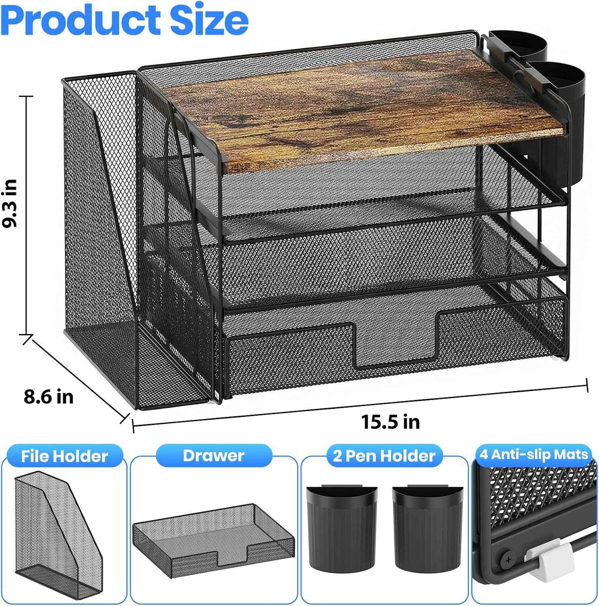 Desk Organizer, 4-Tier Desktop File Organizer with Drawer and Pen Holders, Office Desk Accessories, File Sorters, Workspace Organizers for Office Supplies(Wood)
