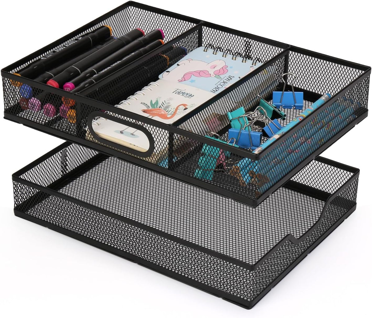 Office Drawer Organizer, 2 Pack Metal Mesh Desk Draw Divider, Versatile Desktop Organizer Tray to Keep Supplies Tidy and Easy to Access, Stackable A4 Paper Holder Tray - Field & Nook