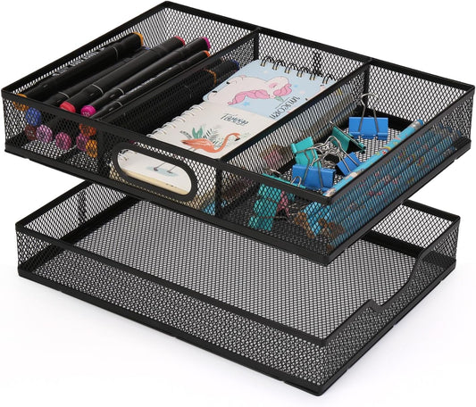 Office Drawer Organizer, 2 Pack Metal Mesh Desk Draw Divider, Versatile Desktop Organizer Tray to Keep Supplies Tidy and Easy to Access, Stackable A4 Paper Holder Tray - Field & Nook