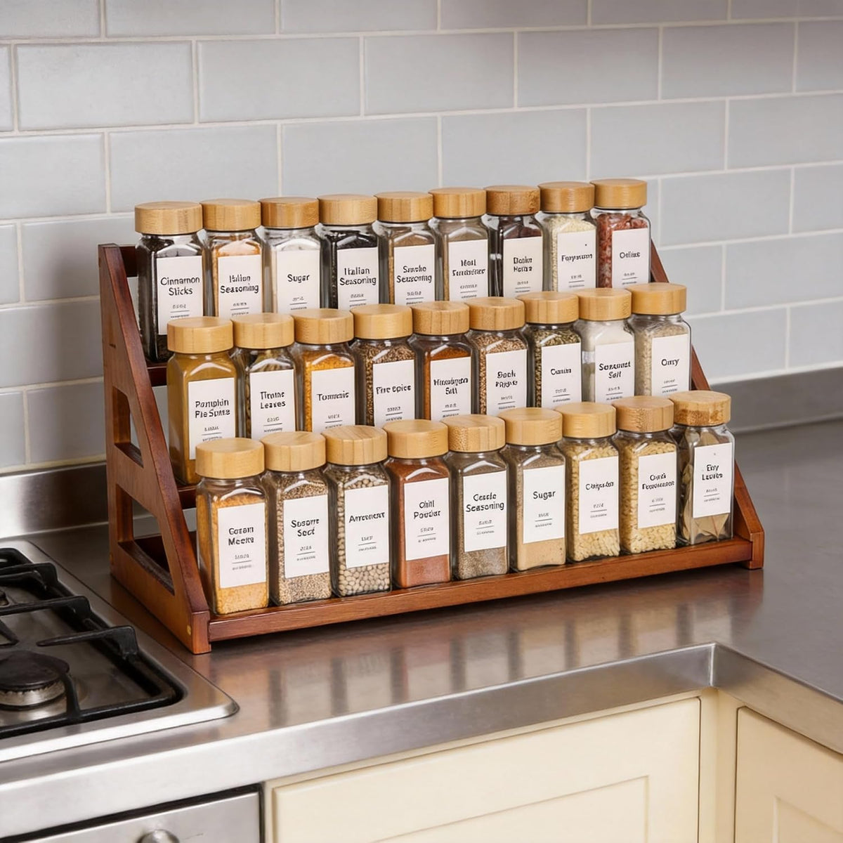 Bamboo 3 Tier Spice Rack,Spice Organizer for Cabinet/Countertop | Solve the messy spice bottles on the kitchen countertop and cabinets, make neat and orderly, clear at a glance - Field & Nook
