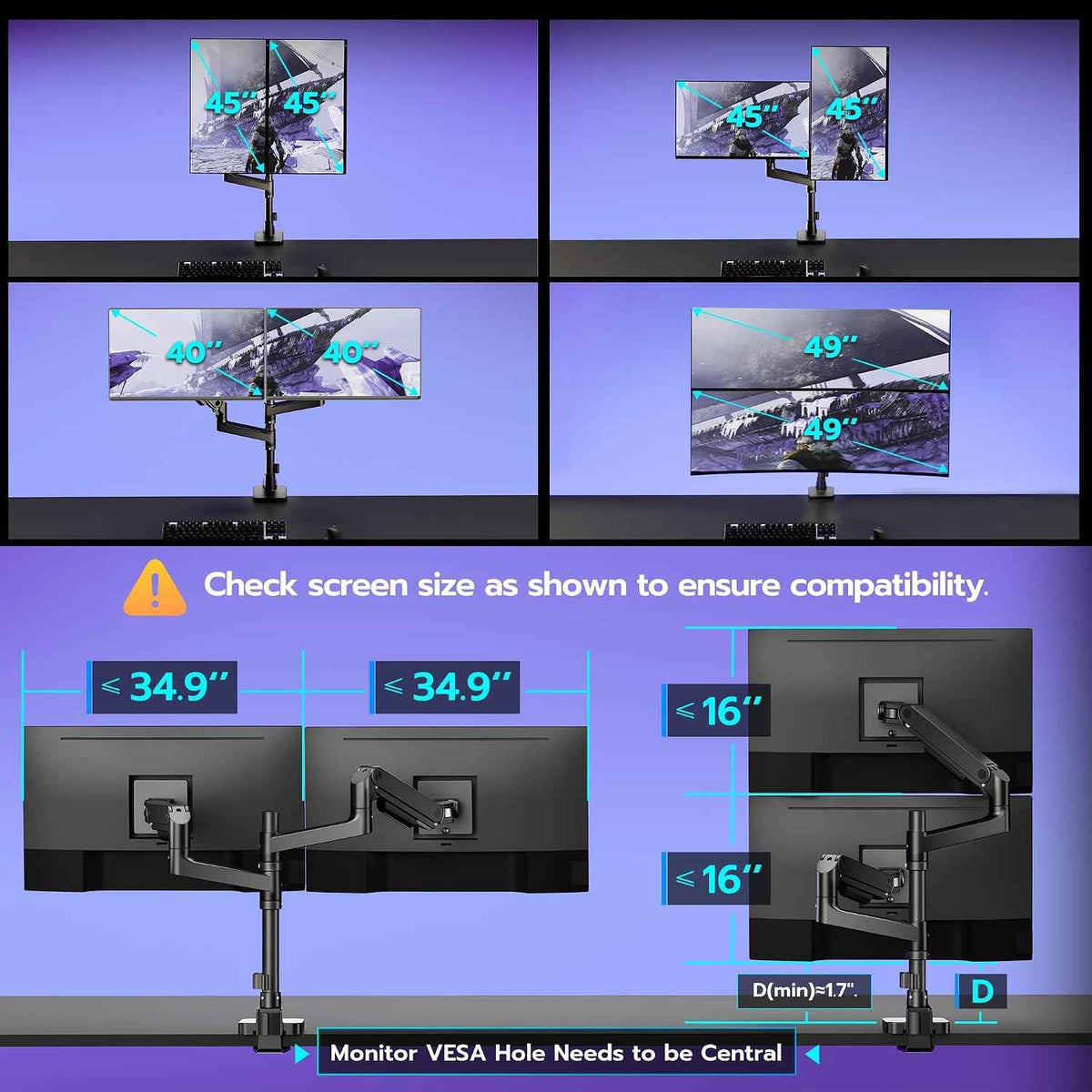 ARES WING Dual Monitor Arm Desk Mount for 17-49 Inch Ultrawide Monitors, Heavy Duty Dual Monitor Mount Holds 44 lbs, Full Motion Gas Spring Vertical Monitor Mount, 75/100 VESA Mount, Black