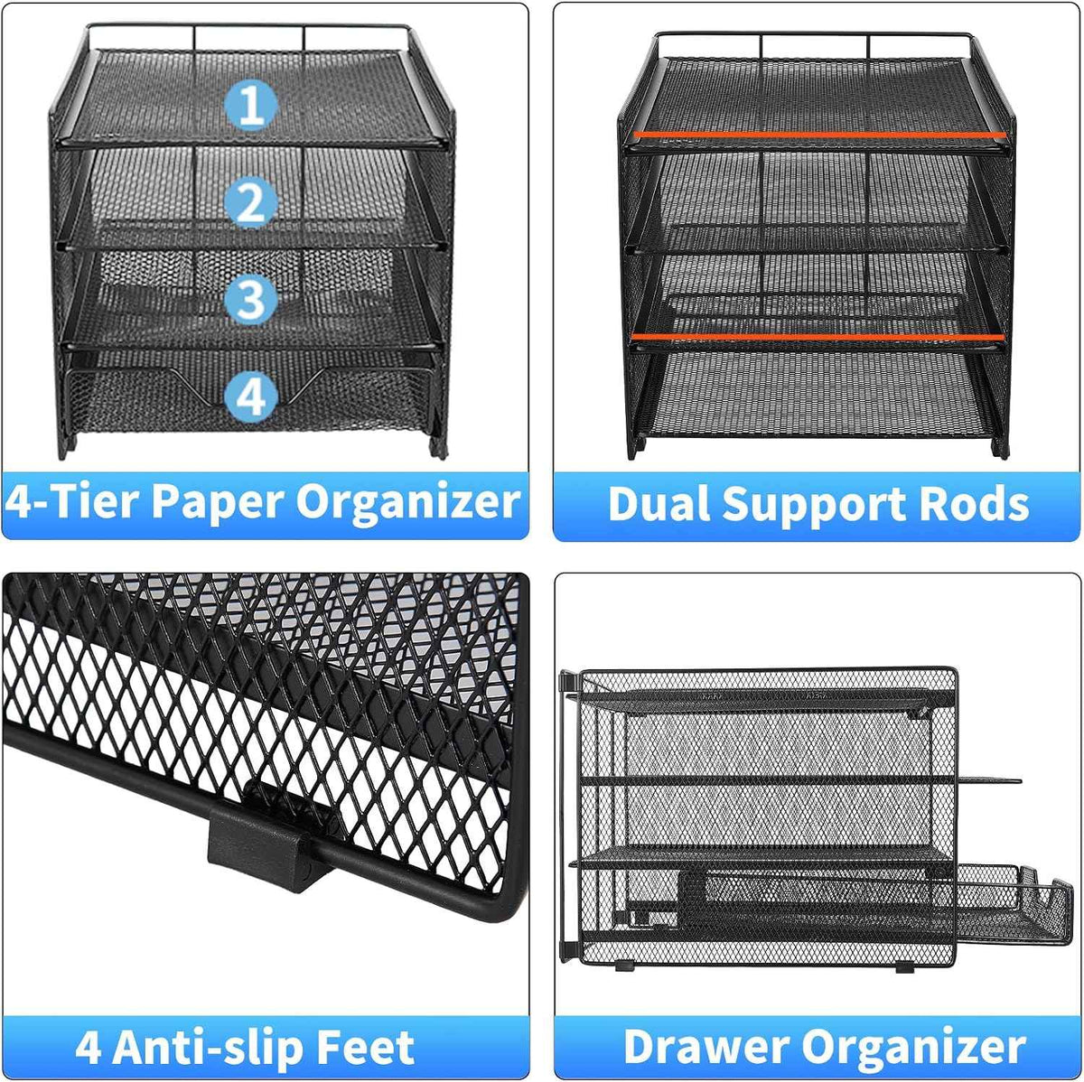 Desk Organizer, 4-Tier Desktop File Organizer with Drawer, Office Desk Accessories, File Sorters, Workspace Organizers for Office Supplies(Black Upgraded)