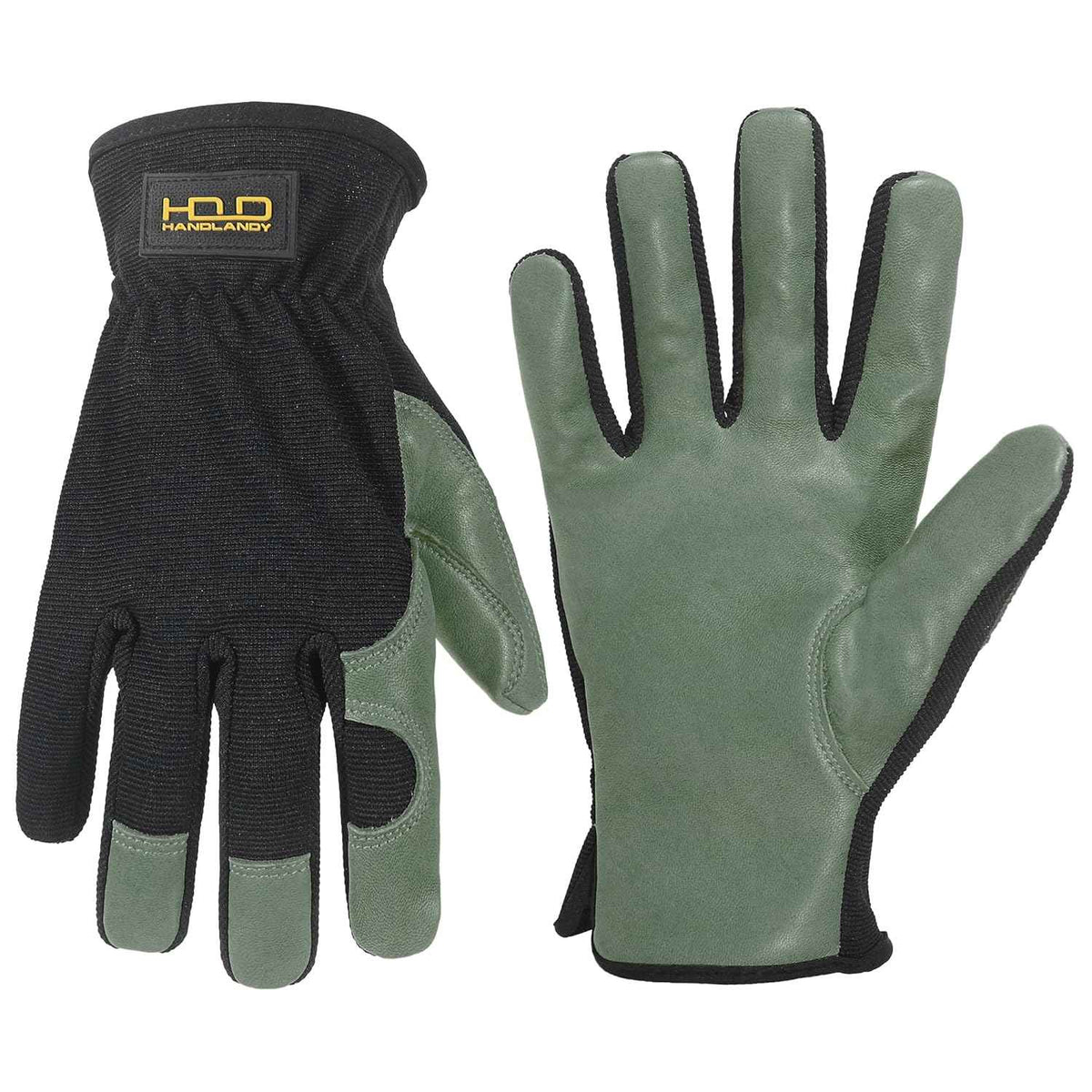 HLDD HANDLANDY Leather Gardening Gloves for Men, Utility Work Gloves for Gardening, Yardwork, Construction, Mechanics with Reinforced Palm, Green M