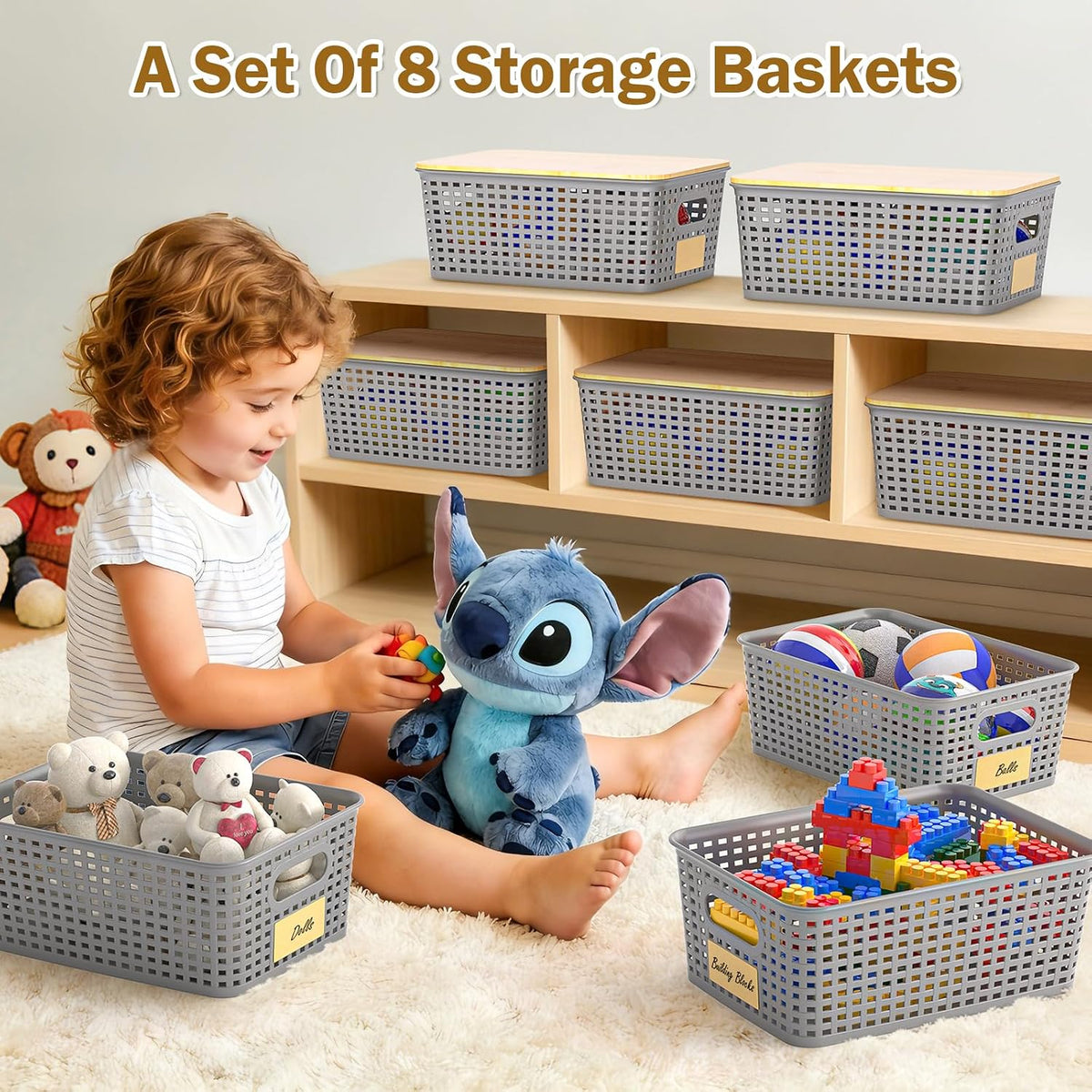 Stackable Storage Baskets: 8 Pack Plastic Baskets Bins, Gray | Decorative Baskets for Organizing, Pantry Decorative Containers for Closets, Cabinets, Shelves - Field & Nook