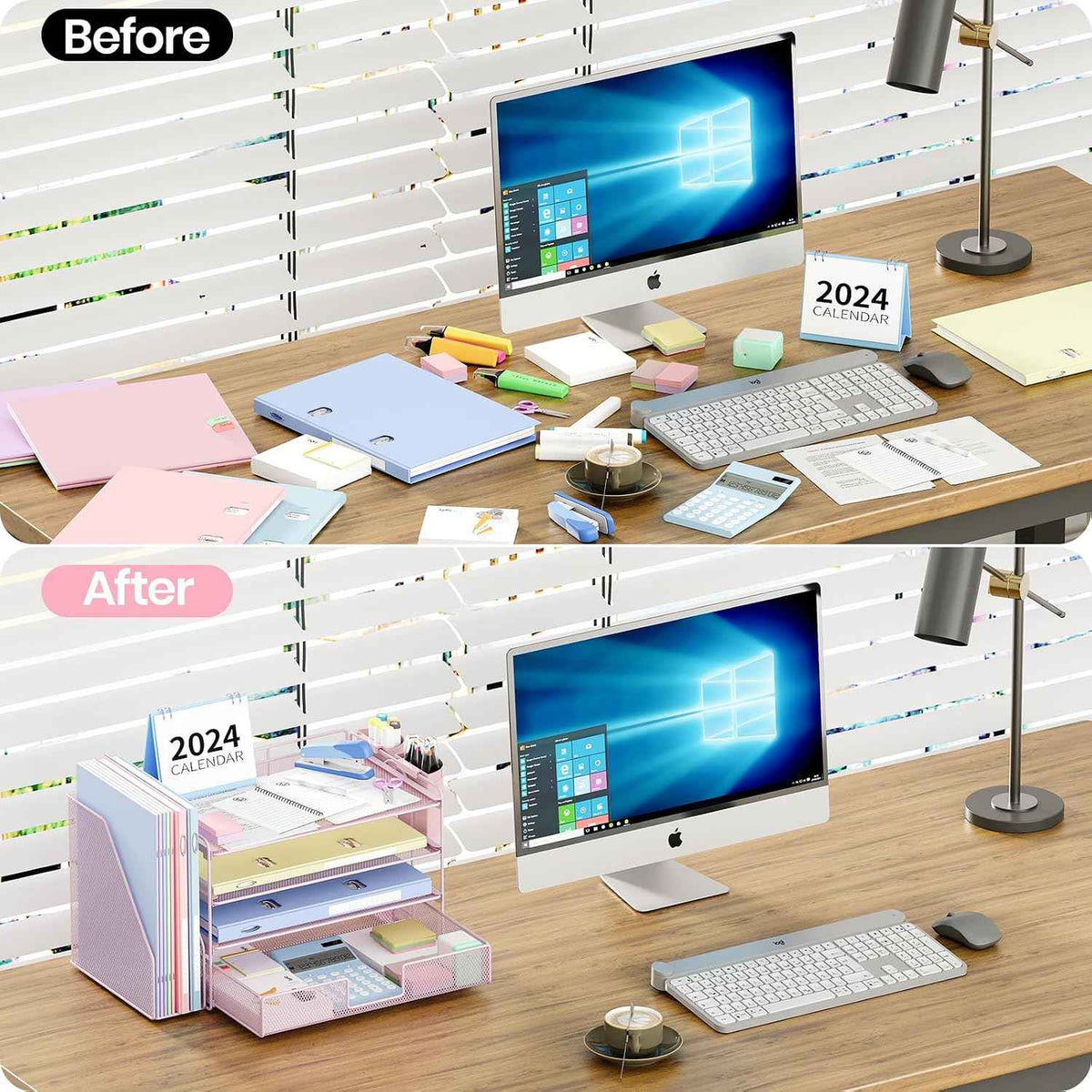 Desk Organizer, 4-Tier Desktop File Organizer with Drawer and Pen Holders, Office Desk Accessories, File Sorters, Workspace Organizers for Office Supplies(Pink)
