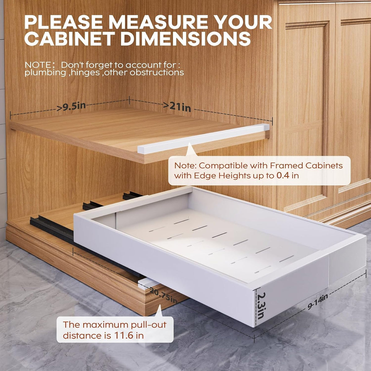 Seinloes 2 Pack Expandable (9"-14") Pull Out Cabinet Organizer 21" Deep With Raising Pad for Framed Cabinets,Upgrade 3 Slide Rails Slide Out Drawers,No Drill Roll Out Shelves Adhesive,White - Field & Nook