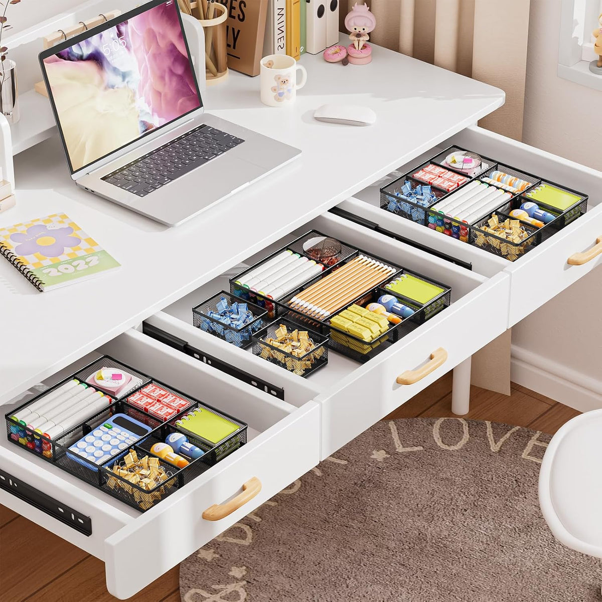 Marbrasse 3 Packs Desk Drawer Organizers, Metal Mesh Dividers Desk Drawer Organizer Tray with 9 Adjustable Compartments, Pen Organizer for Drawer Tray Box Accessories for Desktop,Kitchen, Makeup | Anti-Slip Storage Tray, 9 Adjustable Compartments, Pen ... - Field & Nook