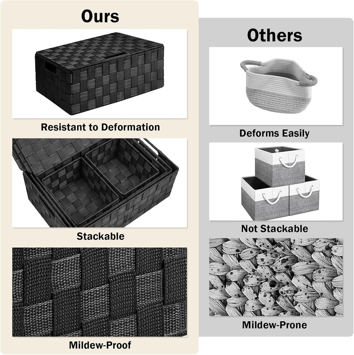 Storage Baskets with Lids: 5 Pack Stackable Woven Storage Bins, Black | Decorative Woven Baskets for Organizing with Built-In Handles for Shelves, Closets, Cabinets and Cubbies, Gift Small Basket - Field & Nook