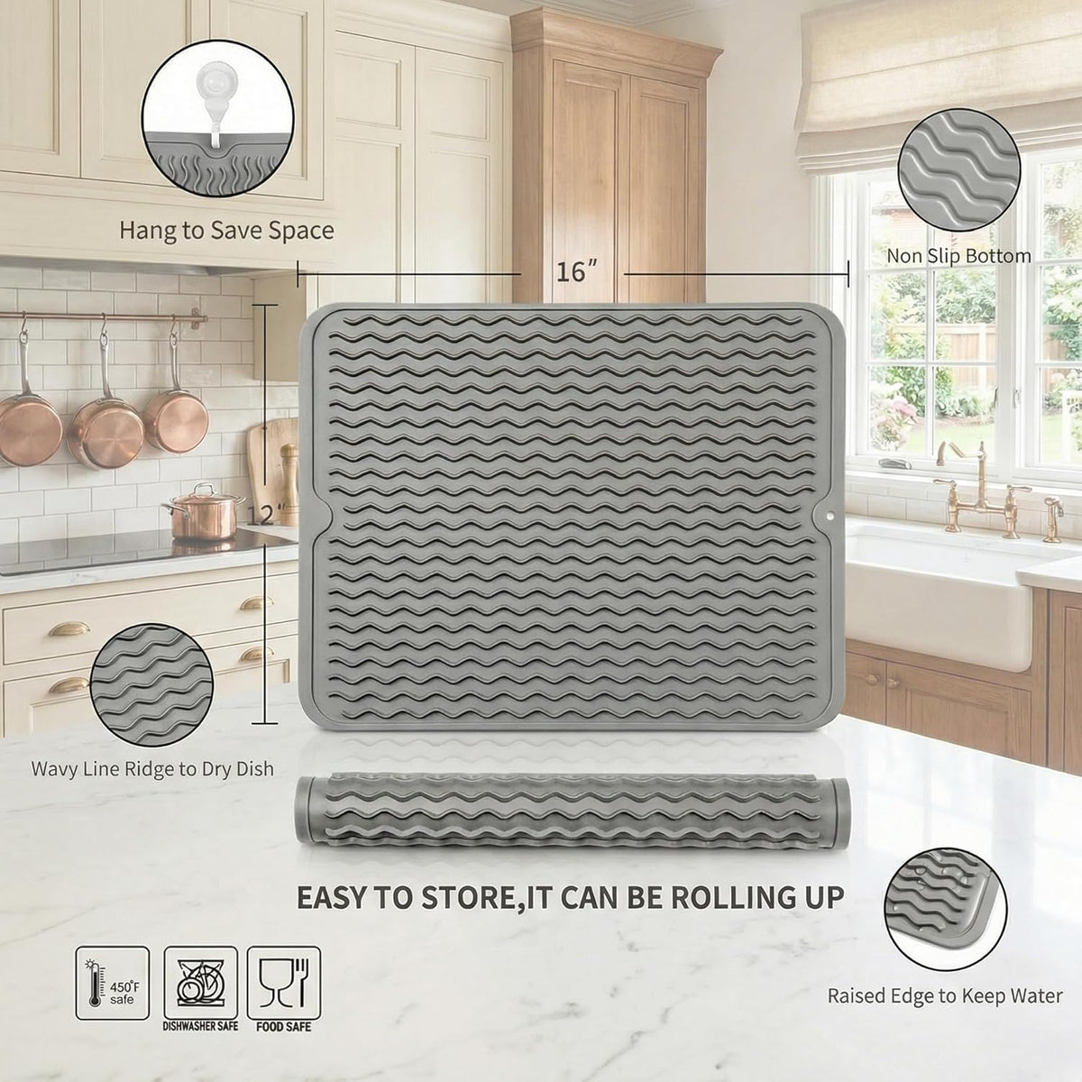 Quick-Dry Silicone Dish Mat & Trivet – 16 × 12 in