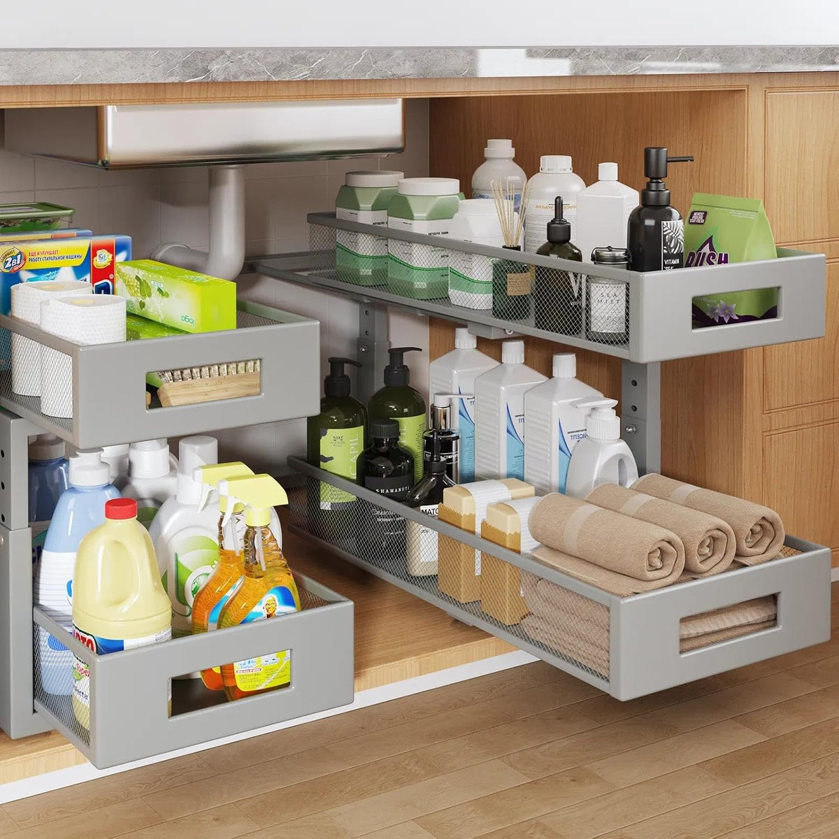 2 Packs 21IN Depth Under Sink Organizer, 2-Tier Pull Out Cabinet Organizer With Smooth Circular Rail, Large Capacity Metal Mesh Sliding Drawers For Bathroom& Kitchen Storage,Height Adjustable-Gun Gray - Field & Nook